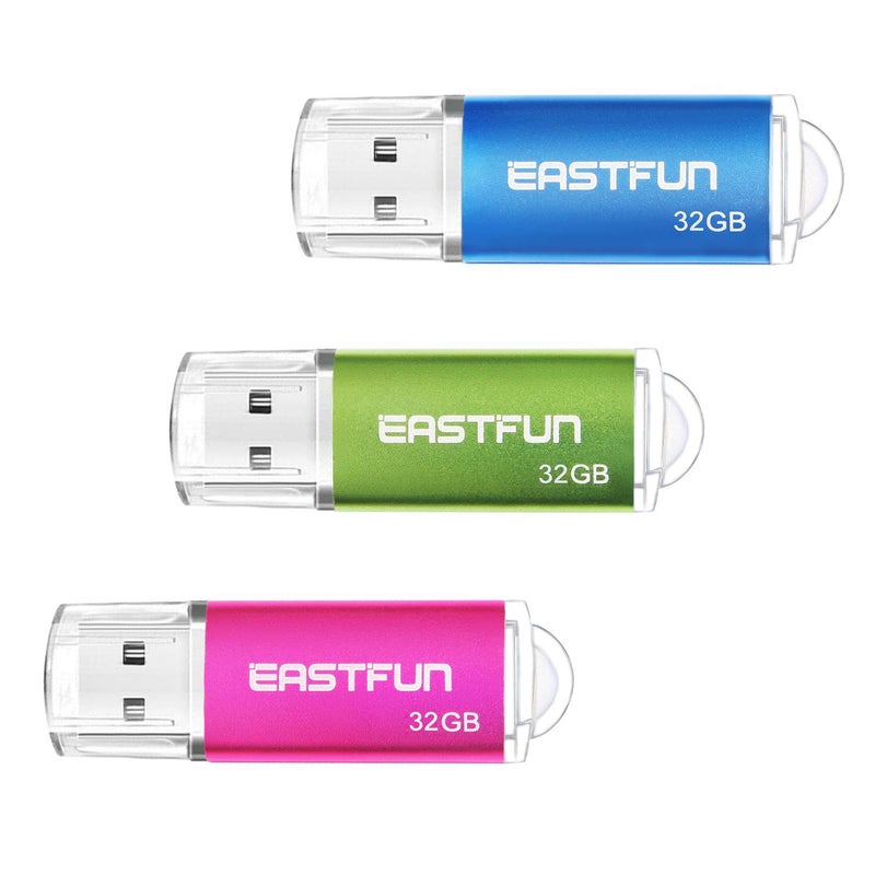 EASTFUN 32GB USB 2.0 Flash Drive Memory Stick Thumb Drive Thumb Stick Pen Drive Jump Drive Zip Drive, 3 Pack (3x32GB) Colors (Rose Blue Green) - Image 1